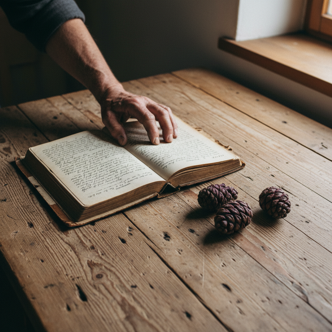 Altes handgeschriebenes Rezeptbuch mit Zirbenzapfen auf Holztisch
